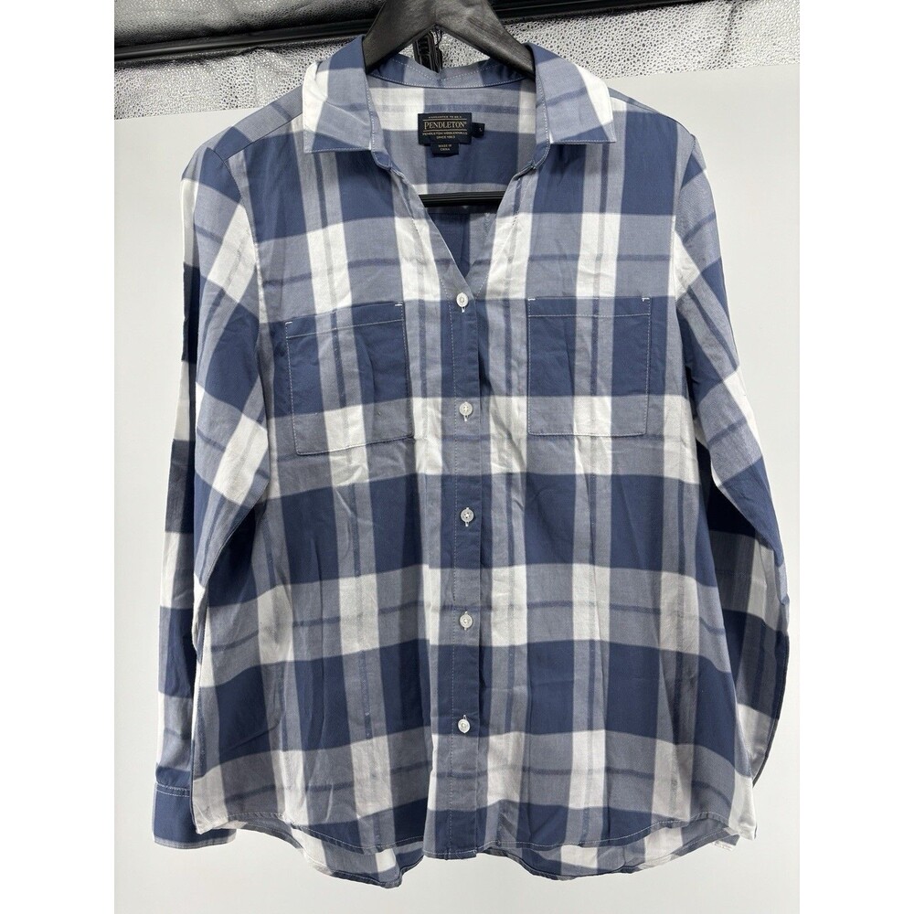 PENDLETON Rockaway cotton blue check v neck button down long sleeve shirt L